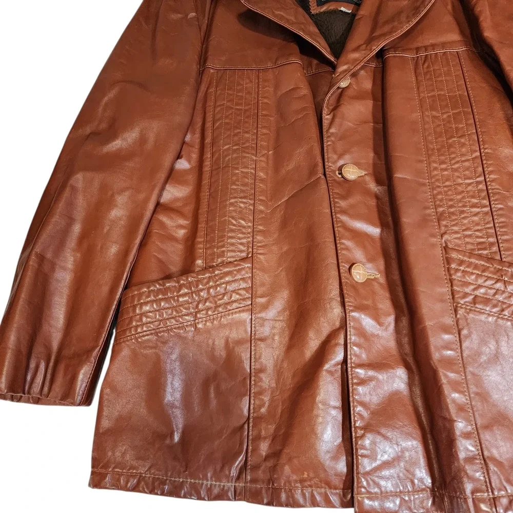 Vintage Genuine Leather Blazer Jacket Men's 42 Brown Faux Fur Lined Made in USA‎